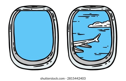 Hand-drawn vector illustration set showing the view from an airplane cabin window, depicting a wing and blue sky with clouds. Travel or aviation-themed designs, concepts, and projects.