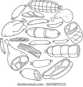Ilustração vetorial desenhada à mão de várias carnes frescas e processadas, incluindo bifes, salsichas, presunto e bacon, dispostos em círculo. Perfeito para talhos, menus deliciosos ou qualquer tipo de comida relacionada.