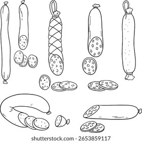 Conjunto de Ilustración vectorial dibujada a mano de varias salchichas enteras y en rodajas, incluyendo salami y otras carnes delicatessen. Perfecto para diseños de carnicerías, menús de charcutería o cualquier proyecto relacionado con la comida que lo necesite.