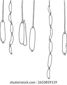 Conjunto de ilustrações vetoriais desenhadas à mão de várias salsichas penduradas. Perfeito para projetos de açougue, menus deliciosos ou qualquer projeto relacionado à alimentação que necessite de uma sensação rústica ou tradicional.