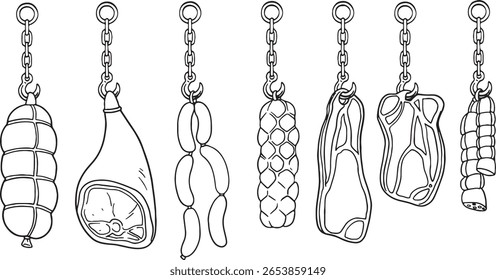 ilustração vetorial desenhada à mão conjunto de várias carnes e salsichas curadas penduradas, incluindo presunto, salame e outros cortes. Ideal para talhos, deli menus.