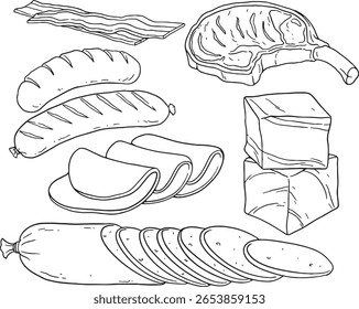 Ilustração vetorial desenhada à mão de vários produtos à base de carne, incluindo carne crua, tiras de bacon, enchidos, presunto fatiado e blocos de carne. Perfeito para talhos, menus deliciosos ou qualquer tipo de comida relacionada.