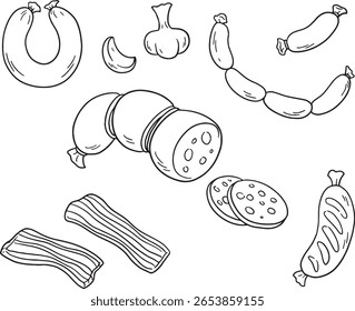 Hand-drawn vector illustration set of various sausages, bacon strips, and garlic. Ideal for butcher shop designs, deli menus, or any food-related projects, highlighting ingredients for traditional.