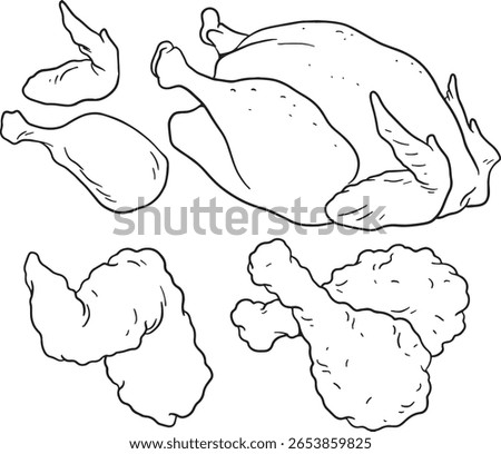 Hand-drawn vector illustration set of various chicken products, including raw whole chicken, raw and fried drumsticks, and fried wings. Ideal for butcher shops, restaurant menus.