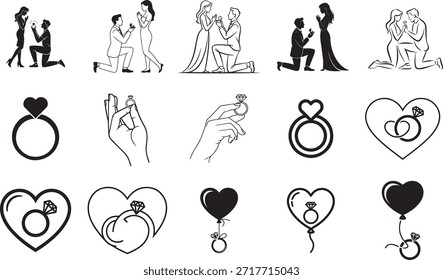 Handgezeichnete Vektorgrafik-Set von Hochzeits-Ikonen und Menschen Silhouetten mit einer Doodle-Skizze einer glücklichen Familie, ein liebevolles Paar, Mutter und Kinder in einem lustigen Cartoon-Art-Stil