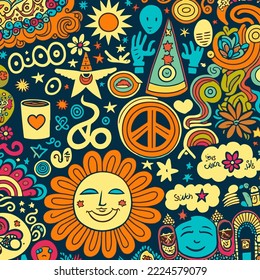 Hand-Drawn Vector Illustration. Seventies Style, Groovy Background, Wallpaper. Flat Design, Hippie Aesthetic. Funny multicolored print for fabric, paper, any surface design. Psychedelic wallpaper