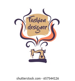 Hand-drawn vector illustration with sewing machine isolated on white background. Concept template logo for fashion designer, atelier business, market, shop, boutique. 