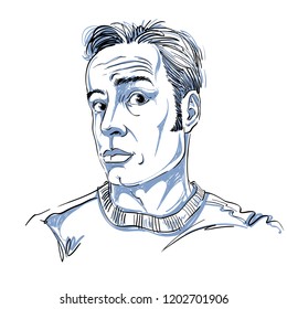 Hand-drawn vector illustration of shocked man, disbeliever theme. Monochrome image, expressions on face of young man.