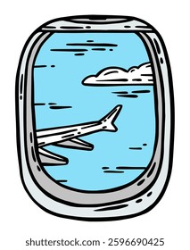 Hand-drawn vector illustration showing the view from an airplane cabin window, depicting a wing and blue sky with clouds. Travel or aviation-themed designs, concepts, and projects.