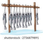 Hand-drawn vector illustration of silver fish hanging from a rustic wooden frame to dry