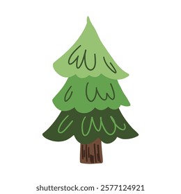 A hand-drawn vector illustration of a single green pine tree. Perfect for creating winter or forest scenes, backgrounds, and illustrations.