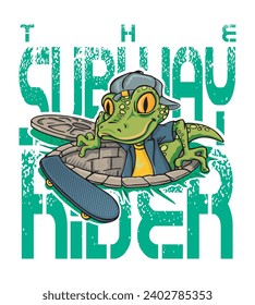 Hand-drawn vector illustration of a skateboarding lizard coming out of a manhole. Cartoon style art. Design for printing on t-shirts, posters, etc.