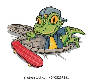 Hand-drawn vector illustration of a skateboarding lizard coming out of a manhole. Cartoon style art. Design for printing on t-shirts, posters, etc.