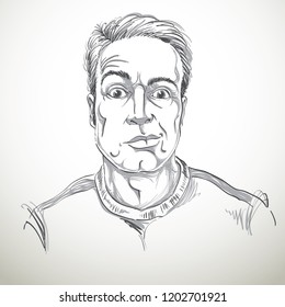 Hand-drawn vector illustration of skeptic guy with short hair. Monochrome image, expressions on face of young man, shocked person.