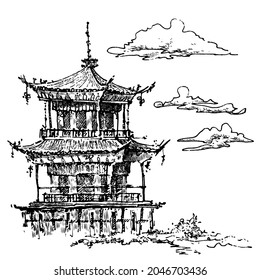 Hand-drawn vector illustration - sketch of pagoda buildind with clouds on the sky. Black drawing on white background