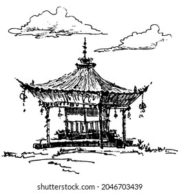 Hand-drawn vector illustration - sketch of pagoda buildind with clouds on the sky. Black drawing on white background