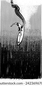 handgezeichnete Vektorgrafik einer Skizze eines Surfers auf Surfbrett