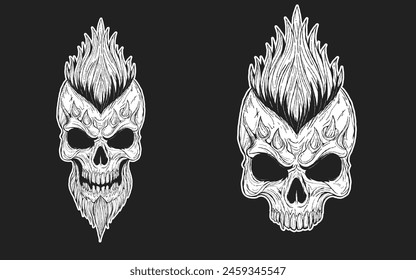 Hand-drawn vector illustration of a skull sporting a bold Mohawk hairstyle. Perfect for rock, punk, and alternative music-themed projects. T-shirt print design. Isolated on black background