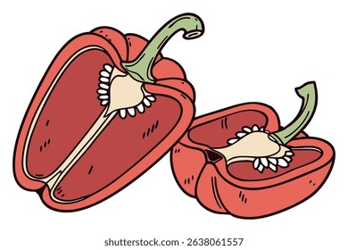 Hand-drawn vector illustration of a sliced red bell pepper, showcasing vibrant colors and intricate details, emphasizing freshness and culinary appeal for food-related designs