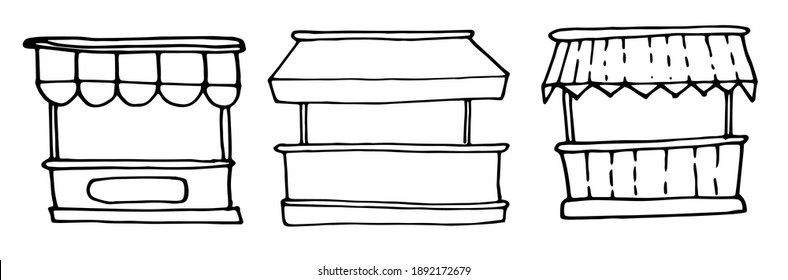 ilustración vectorial hecha a mano de un icono de tienda pequeña con un dosel. Signo creativo de la colección de iconos de construcción. Llenado en ícono de tienda de doodle para computadora y teléfono móvil. Símbolo, logotipo del vector
