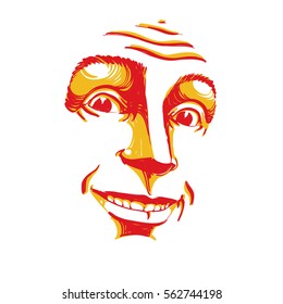 Hand-drawn vector illustration of smiling confident man. Colorful image, expressions on face of cheerful guy.