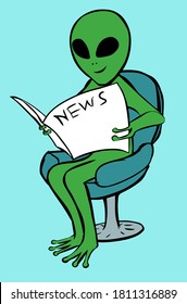 A hand-drawn vector illustration of a smiling green humanoid alien who is sitting on a blue chair and reading a newspaper.