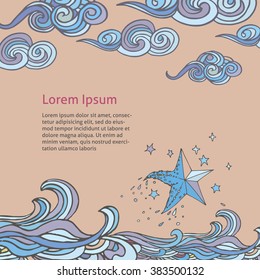 Hand-drawn vector illustration of soaring above the waves starfish  and clouds decorative. Eps-8.