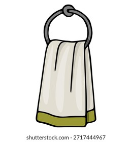 Ilustración vectorial dibujada a mano de una toalla de mano blanca suave con un adorno decorativo verde oliva cuidadosamente colgado en un anillo de toalla de metal gris circular.