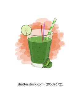 Hand-drawn vector illustration of spinach smoothie with cucumber on orange watercolor backdrop. Fresh health juice on isolated background-eps10 Design element for your project, cocktail, menu, parties