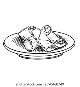 Hand-drawn vector illustration of spring rolls on a plate. This black and white line art shows several spring rolls, highlighting their cylindrical shape and thin wrappers.