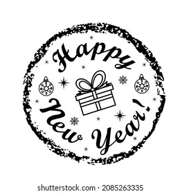 Ilustración vectorial dibujada a mano con sello con la inscripción "Feliz Año Nuevo" con caja de regalo para invitación, publicidad, afiche o tarjeta