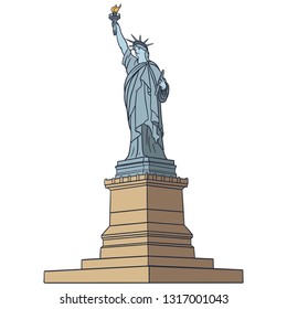 Hand-drawn vector illustration of Statue of Liberty in gray, green, and bronze. Friendly, comic, isolated.