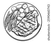 Hand-drawn vector illustration of a steak dinner on a round plate. This black and white line art shows a grilled steak with grill marks, topped with butter, alongside roasted potatoes and green beans.
