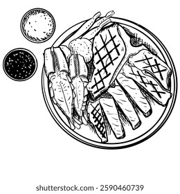 Hand-drawn vector illustration of a steak dinner featuring a grilled steak with visible grill marks, served with shrimp, broccoli, and a baked potato or rice. Two small bowls hold sauces or condiments