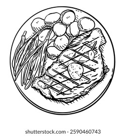 Hand-drawn vector illustration of a steak dinner on a round plate. This black and white line art shows a grilled steak with grill marks, topped with butter, alongside roasted potatoes and green beans.