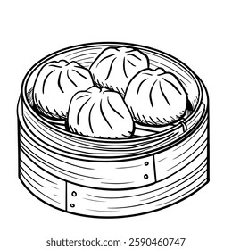 Hand-drawn vector illustration of steamed buns in a bamboo steamer. This black and white line art shows several round, fluffy buns in a traditional steamer basket. The drawing captures the simple,