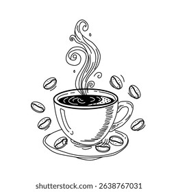 Hand-drawn vector illustration of a steaming coffee cup surrounded by coffee beans. Perfect for vintage café themes, labels, or artisanal product packaging