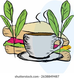 Hand-drawn vector illustration of a steaming hot cup of coffee or tea with a fresh sandwich, surrounded by green leaves. Artistic sketch style with vibrant colors, perfect for cafe menus. 