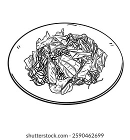 Hand-drawn vector illustration of stir-fried noodles with soy sauce on a plate. This detailed black and white line art shows noodles tossed with vegetables and a rich soy sauce.