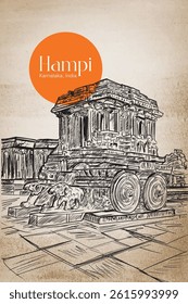 Hand-Drawn Vector Illustration of Stone Chariot at Hampi, Karnataka – Ancient Indian Heritage Monument with Ink Sketch Style and Vintage Texture