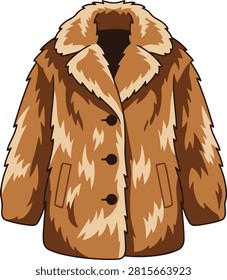 Hand-drawn vector illustration of a stylish brown faux fur winter coat with a fluffy collar, button closure, and front pockets, isolated on a white background.