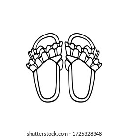 Ilustración vectorial dibujada a mano. Calzado de verano, chanclas con decoración. Esbozo negro, Doodle sobre fondo blanco.