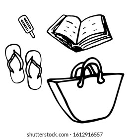 Hand-drawn vector illustration. Summer vacation kit, beach bag, book, flip-flops, ice cream. Simple sketch, outline, silhouette. Cute Doodle drawing on a white background.