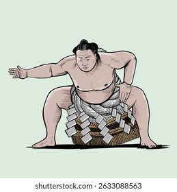 Hand-drawn vector illustration of a sumo wrestler in a traditional fighting pose, wearing a ceremonial mawashi with ornate detailing. Captures the cultural essence and power of Japan’s ancient martial