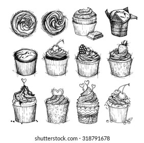 Hand-drawn vector illustration - Sweet cupcakes. Line art. Isolated on white background. Mega set