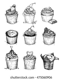 Hand-drawn vector illustration - Sweet cupcakes. Isolated on white background. Mega set of desserts
