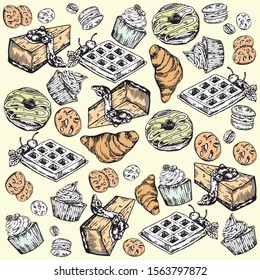 Hand-drawn vector illustration  of sweets for pastry shops. Donuts, cupcakes, cheesecake, macaroons, croissant, cookies, waffles.
