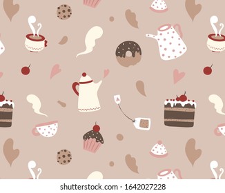 Handdrawn vector illustration, tea dessert pattern for wallpaper design. 