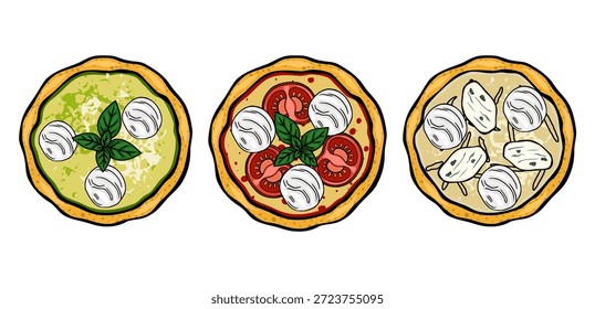 Ilustração vetorial desenhada à mão de três deliciosas pizzas com manjericão fresco, mozzarella e tomates