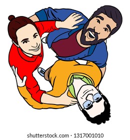 Hand-drawn vector illustration of three friends lying in their arms and looking up into the sky. Circle of friends, colorful, multicultural. red, blue, green, yellow.